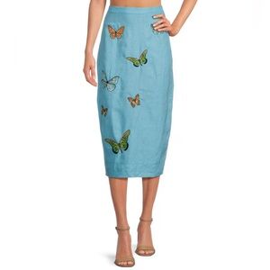 NWT Fanm Mon Marion Linen Teal Butterfly Midi Pencil Skirt Size S